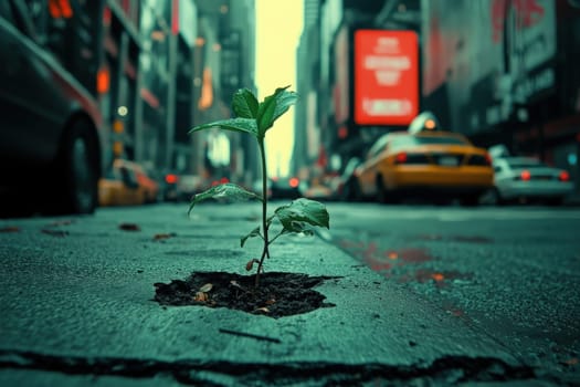 A small plant breaks through the concrete pavement, showcasing natures resilience as it thrives in the heart of a busy urban environment, surrounded by towering buildings and passing cars.