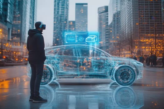A person stands on a city street, wearing augmented reality glasses, captivated by a 3D hologram of a car. The urban landscape reflects rain and city lights illuminating the scene.