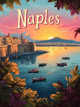This vibrant travel poster showcases Naples at sunset, featuring boats on the tranquil waters, with lush foliage framing the iconic coastal skyline and Mount Vesuvius in the background.