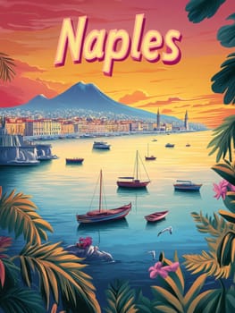 Sailboats dot the tranquil waters of Naples at sunset, framed by lush greenery and the majestic silhouette of Mount Vesuvius. A picturesque escape awaits in this vibrant coastal city.