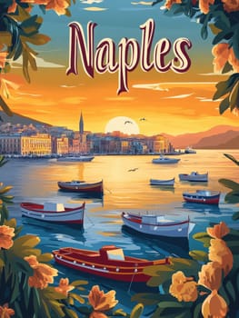 This captivating travel poster showcases Naples during a stunning sunset, featuring colorful boats in the foreground and elegant buildings along the coast, inviting adventure and exploration.