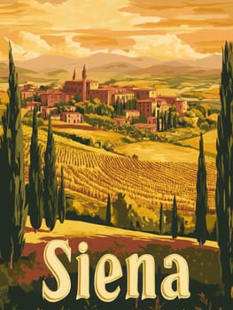 Experience the charm of Siena through vivid landscapes featuring rolling hills, cypress trees, and ancient architecture. This artistic representation captures the essence of Tuscanys beauty.