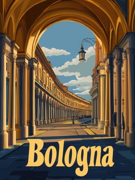 This retro travel poster showcases Bolognas iconic porticoes under a beautiful sky. The stunning architecture invites visitors to enjoy leisurely strolls through this historic Italian city.