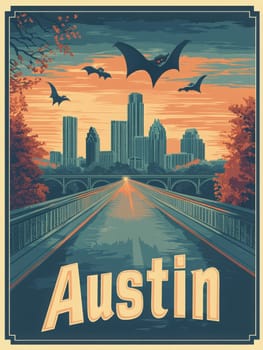 This retro travel poster showcases Austins stunning skyline at sunset, with iconic bats soaring above a scenic bridge, inviting visitors to experience the citys dynamic atmosphere.