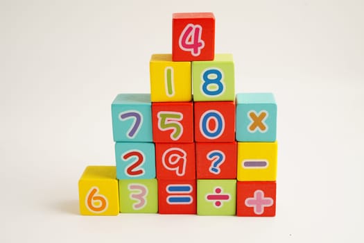 Number wood block cubes for learning Mathematic, education math.