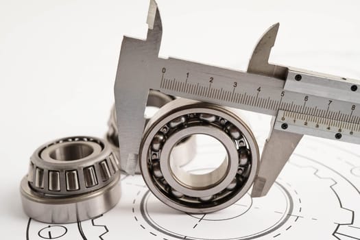 Engineering and precision tools with metal ball bering, mechanical industrial.