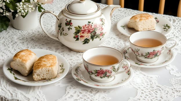 A refined afternoon tea setup with floral china, scones, and tea cups on a lace tablecloth, exuding classic charm.