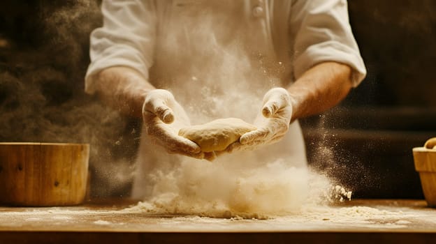 A baker expertly tossing dough amidst a cloud of flour, capturing the artistry and passion of baking.