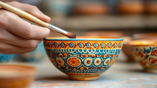 An artists hand details a vibrant ceramic bowl, showcasing intricate patterns and colorful designs.