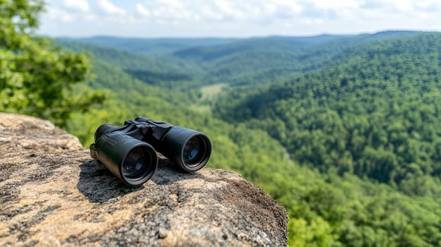 Black binoculars rest on a rock with a panoramic view of a lush green valley, inviting exploration and discovery.