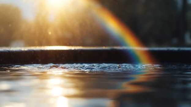 A vibrant rainbow reflects on a water surface, beautifully illuminated by the golden sunlight, creating a serene scene.