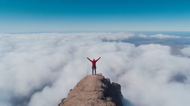 A climber in a red jacket stands triumphantly on a mountain summit above the clouds, embracing adventure.