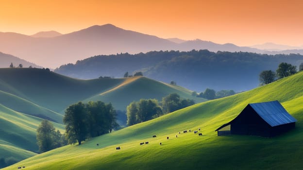 A breathtaking view of rolling green hills under a vibrant sunset, dotted with trees and a solitary barn.