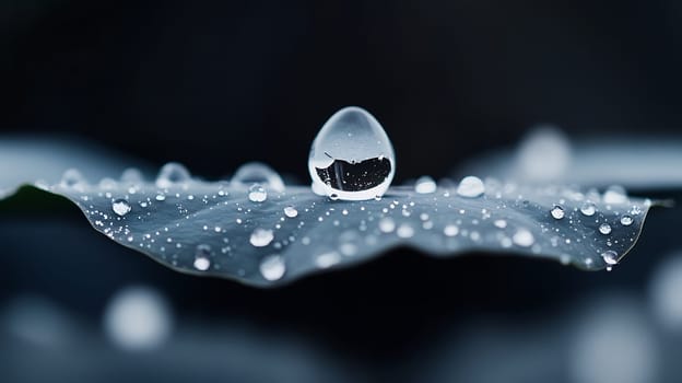 A macro shot of water droplets resting on a leaf, capturing the intricate details and beauty of nature.