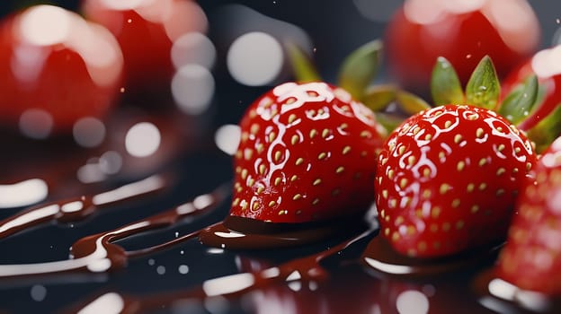 Juicy strawberries are beautifully drizzled with rich chocolate, creating a tempting and delicious dessert scene.