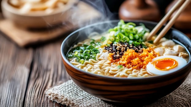 A steaming bowl of ramen noodles garnished with egg, vegetables, and spices, showcasing culinary delight.