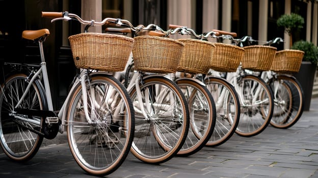 A row of vintage style bicycles with wicker baskets parked on a cobblestone street, ready for a leisurely ride.