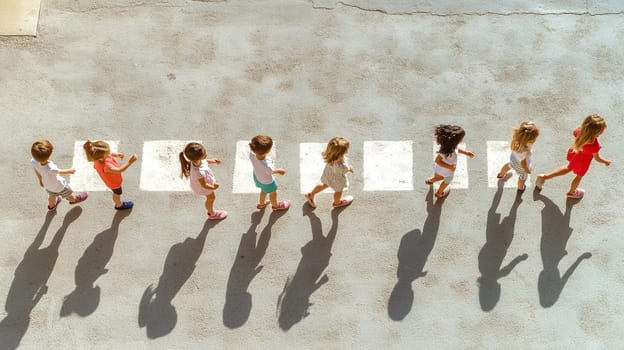 A group of children walking in line across a crosswalk, casting long shadows on a sunny day.