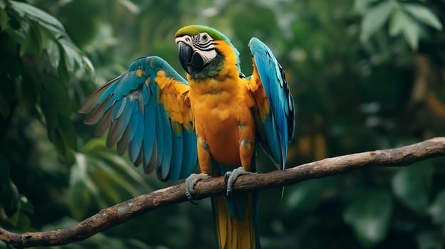 A colorful macaw perches on a branch, displaying its vibrant feathers in a lush jungle environment.