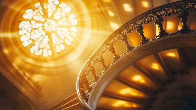 Warm sunlight streaming through an ornate stained glass window, casting patterns on a curved staircase.