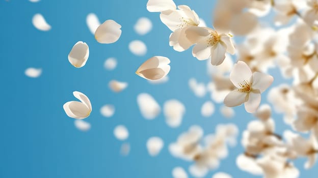 Delicate white petals gracefully fall against a blue sky, capturing the essence of a gentle spring breeze.