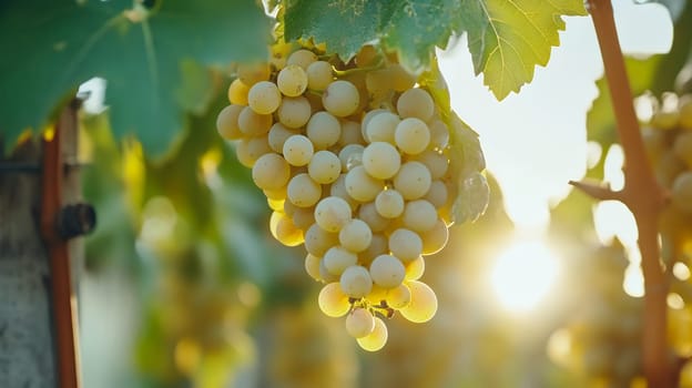 Sunlight filters through lush green leaves to illuminate a cluster of ripe grapes in a vineyard.