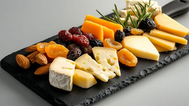 A delectable cheese platter with assorted cheeses, dried fruits, and nuts, perfect for gourmet dining.