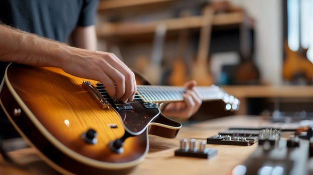 A musician strumming an electric guitar in a workshop, showcasing skill and passion for music.