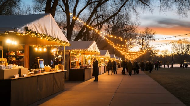 A vibrant evening market with twinkling lights and bustling stalls, capturing the festive atmosphere.