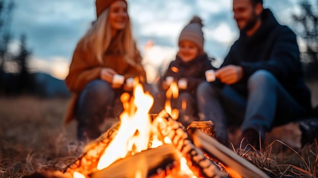 Family enjoying a cozy campfire in the evening, roasting marshmallows under a twilight sky.