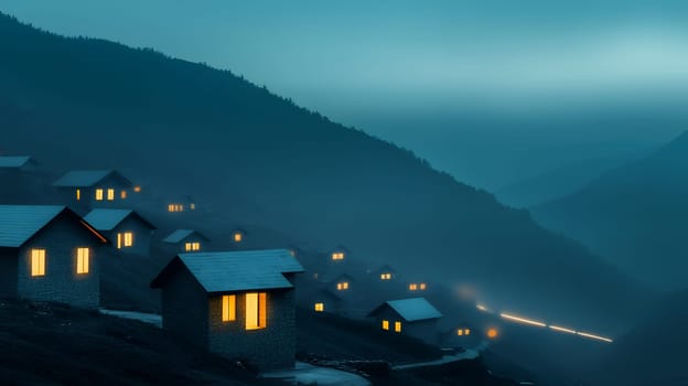 A serene mountain village with glowing windows at dusk, enveloped in mist, creates a peaceful atmosphere.