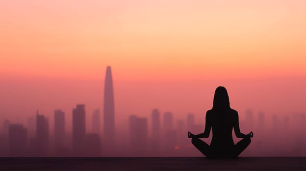 A silhouette of a woman meditating against a city skyline at sunset, embracing peace and reflection.