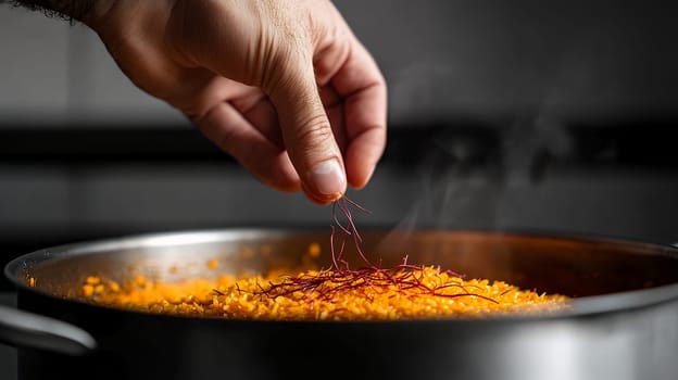 A hand elegantly sprinkles saffron into a steaming pot of rice, adding rich flavor and aroma to the dish.
