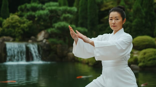 A woman practices Tai Chi in a serene garden setting, focusing on balance and harmony by a tranquil waterfall.