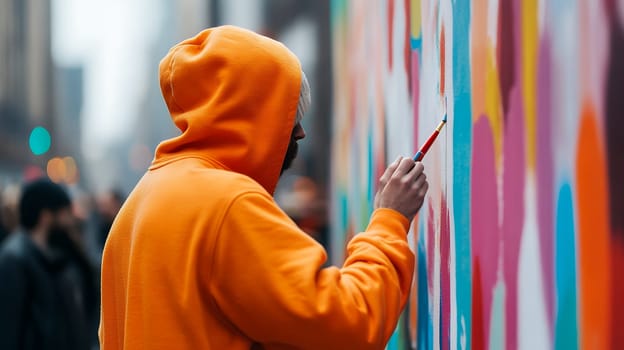 A street artist in an orange hoodie paints a colorful mural on an urban wall, adding vibrant creativity to the city.
