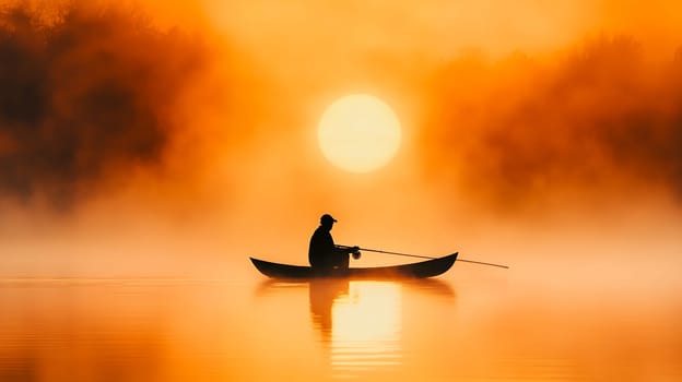 A lone fisherman in a canoe at sunrise, enveloped in misty serenity on a tranquil lake.