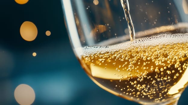 Close up of sparkling wine being poured into a glass, highlighting bubbles and festive cheer.