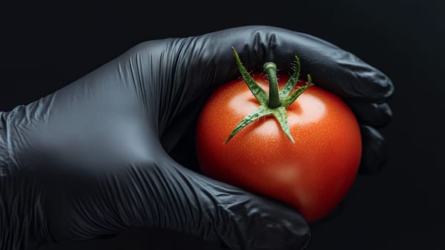 A vibrant red tomato held in a black gloved hand against a dark background, highlighting freshness and hygiene.