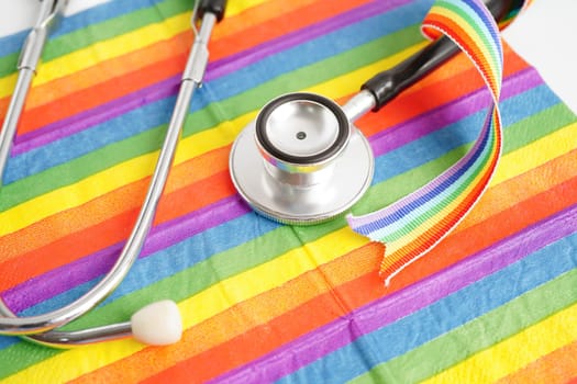 LGBT symbol, Stethoscope on rainbow flag, rights and gender equality, LGBT Pride Month in June.