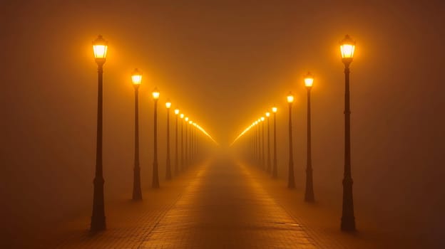 A mysterious street lined with glowing lanterns fading into the foggy distance, creating a surreal atmosphere.