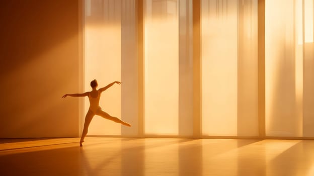 Graceful ballet dancer performing in a studio filled with warm, golden sunlight streaming through large windows.