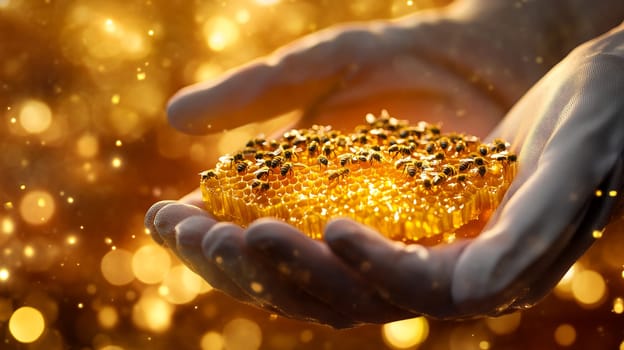 A beekeeper holding a vibrant honeycomb with bees, glowing in golden light, symbolizing natures bounty.