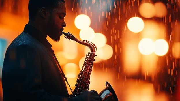A saxophonist performs passionately under the rain with blurred city lights in the background, capturing a soulful moment.