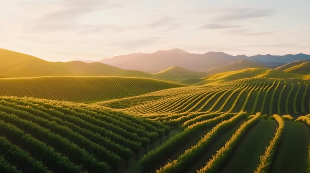 Rolling vineyards bask in the warm glow of sunset, showcasing rows of lush green vines against a hilly landscape.