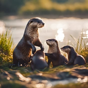 Early Joy: Otters Frolicking in Soft Morning Light