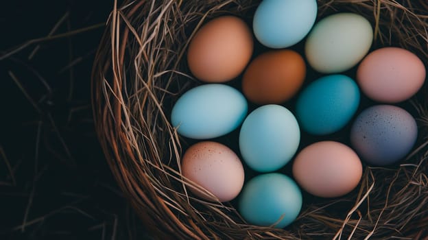 A nest filled with vibrant, multicolored eggs, symbolizing new beginnings and springtime.