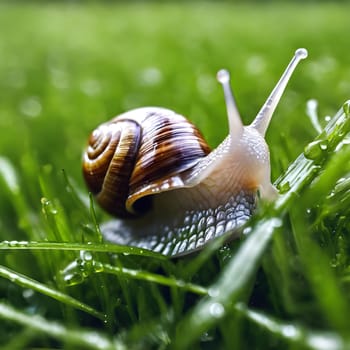 Nature's Detail: A Snail Gliding on Dewy Grass