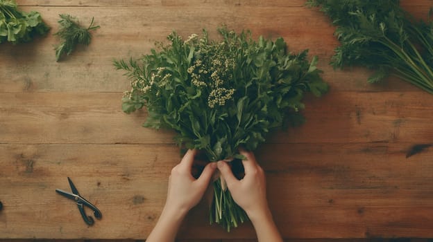 Hands arranging a fresh bouquet of herbs on a rustic wooden table, highlighting natural simplicity.