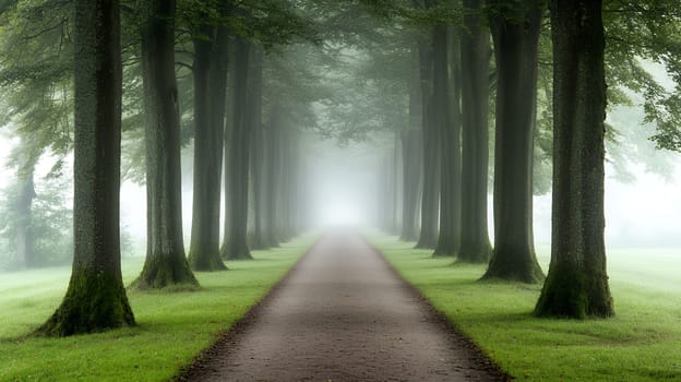 A serene misty pathway flanked by tall trees, leading into the mysterious distance.