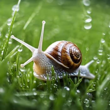 A Slow Journey: Snail on Dewy Grass